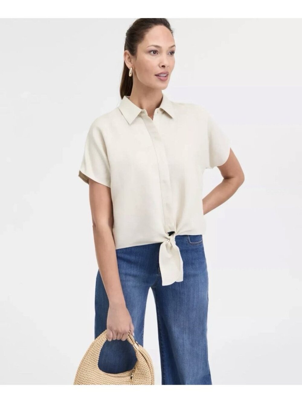 I.N.C. International Concepts Women's Top Size Medium Tie-Front Blouse Linen